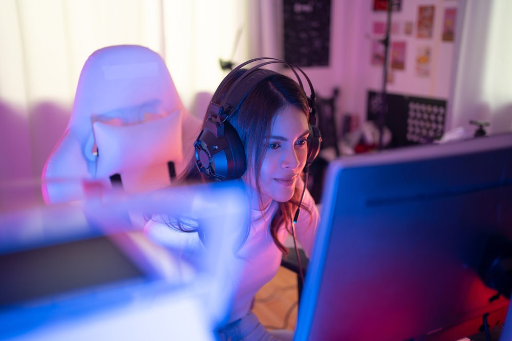 woman with gaming headset on