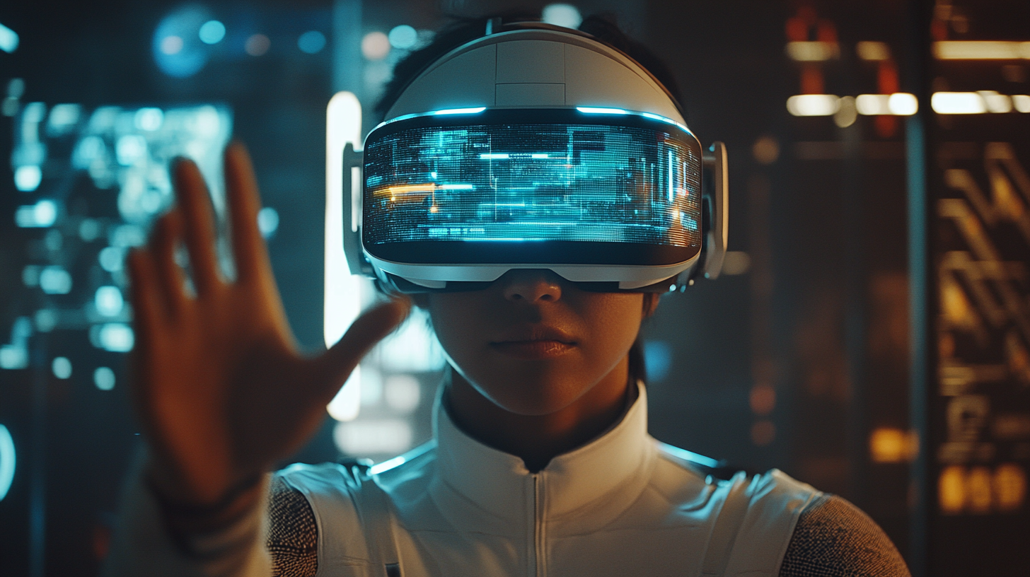 Virtual reality user wearing futuristic VR headset in immersive digital environment